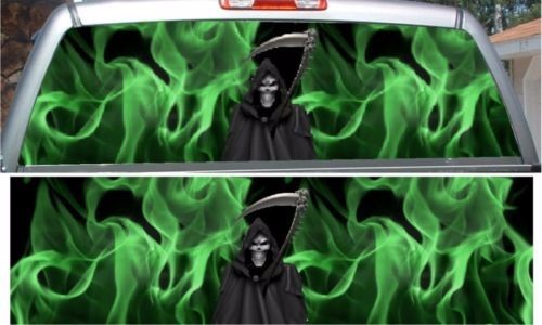 Green flames grim reaper rear window view thru graphic decal wrap