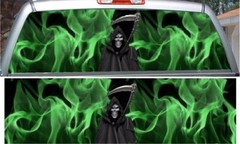 Green flames grim reaper rear window view thru graphic decal wrap