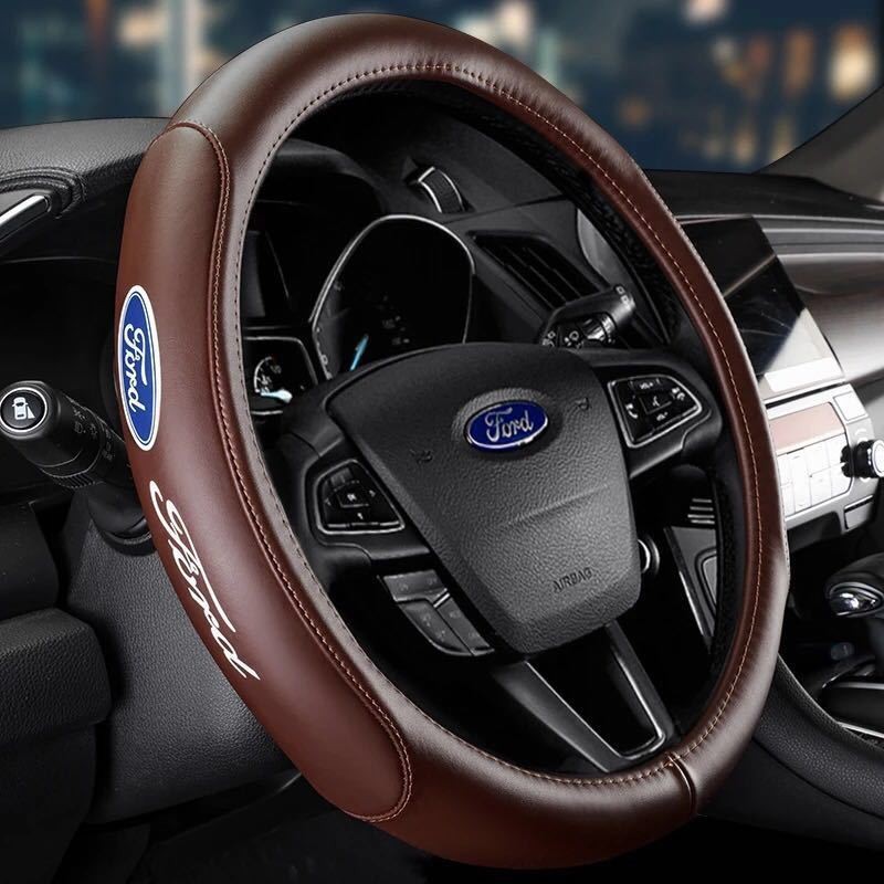 38cm/15″ Brown Leather Car Steering Wheel Cover Auto Accessories for Ford