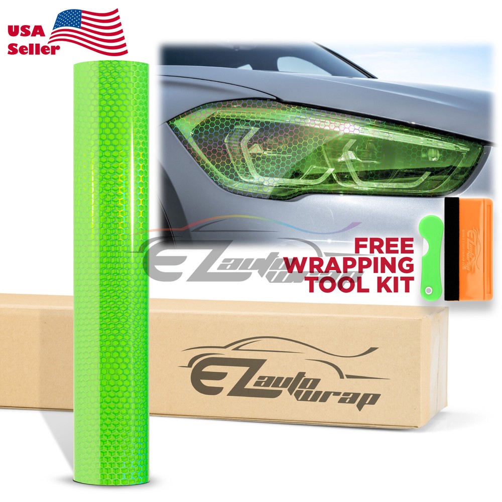 Headlight Hex Holographic Gloss Emerald Green Taillight Tint Film Fog Honeycomb