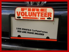 REFLECTIVE FIRE VOLUNTEER ALUMINUM PLATE TOPPER W/ RED LINE LICENSE PLATE FRAME