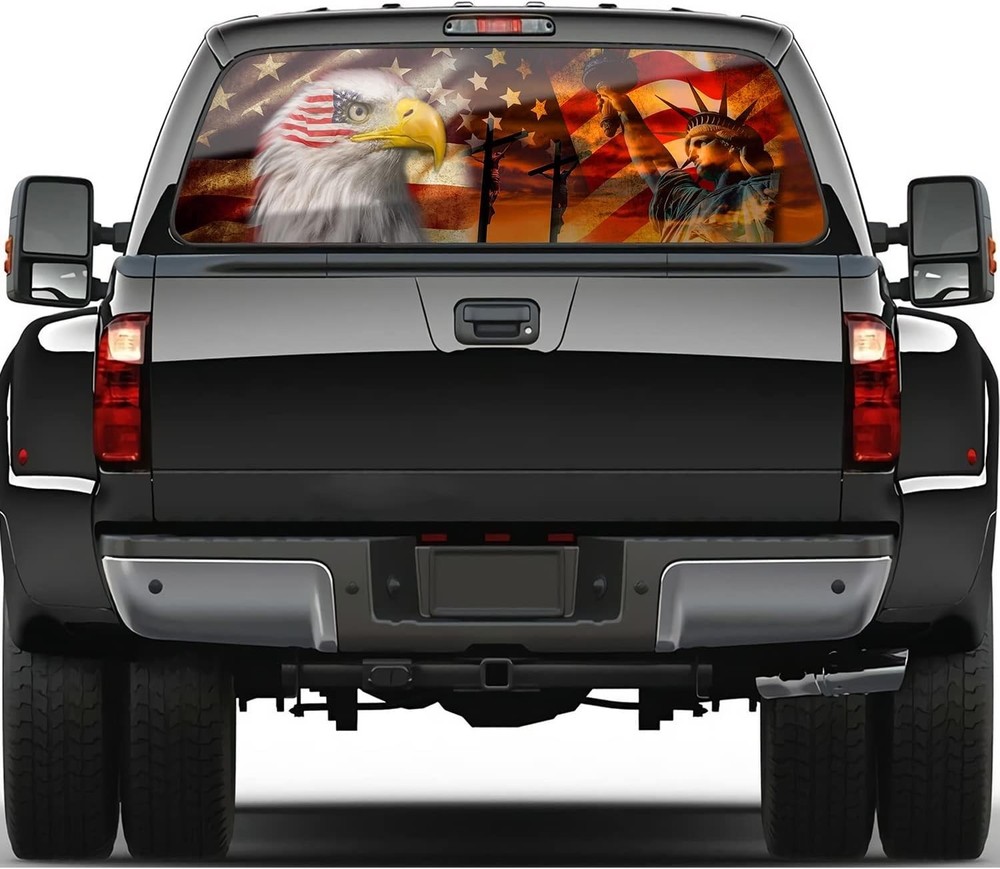 American Flag Truck Rear Window Decals, Cross Eagle for Truck 66”x20″