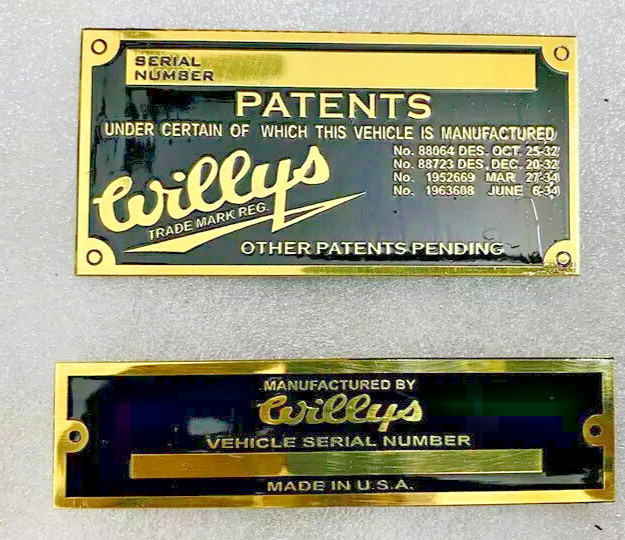 Fits Willys Jeeps Heavy Duty Vehicle Serial Number Data Patents Plate Brass