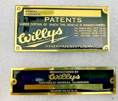 Fits Willys Jeeps Heavy Duty Vehicle Serial Number Data Patents Plate Brass