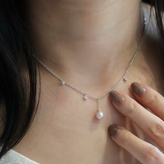 925 silver Dainty Pearl Necklace Pendant necklace With cZ Dangle