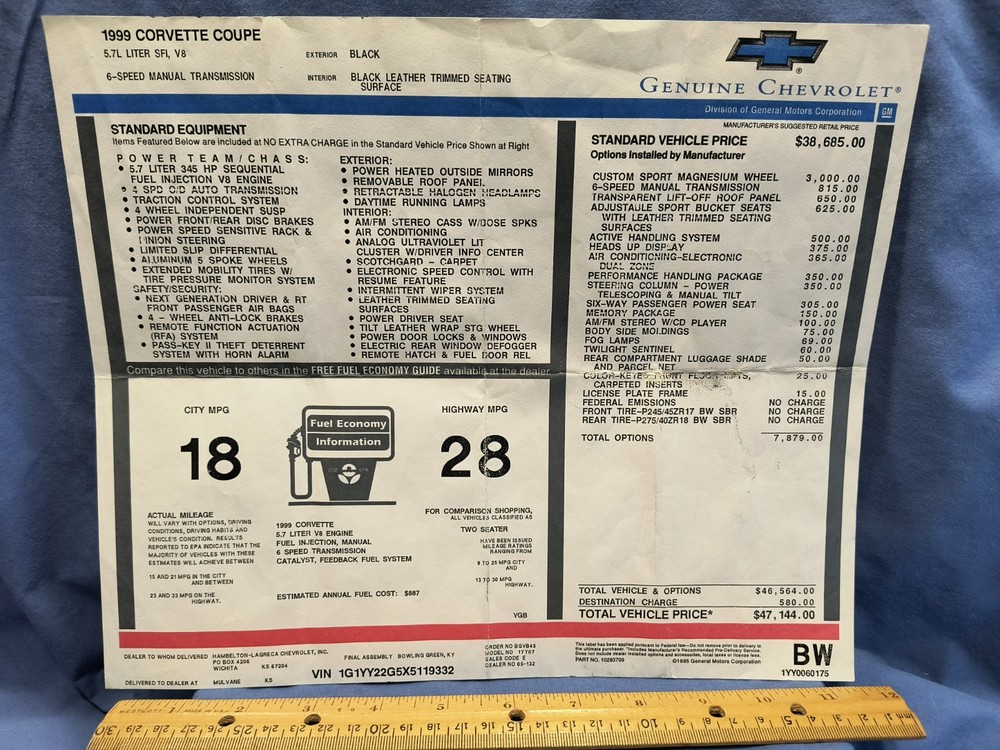 1999 Corvette Manufacturer’s Retail Window Sticker OEM ORIGINAL Chevrolet