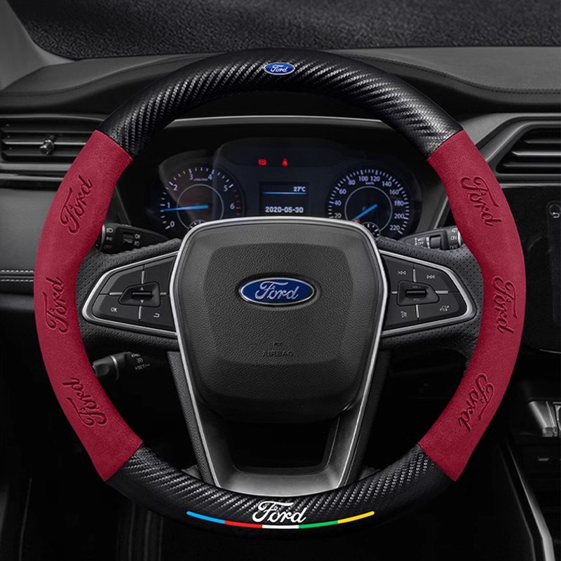 15″/38cm Red Suede Leather Carbon Fiber Car Steering Wheel Cover for Ford