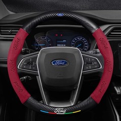 15″/38cm Red Suede Leather Carbon Fiber Car Steering Wheel Cover for Ford