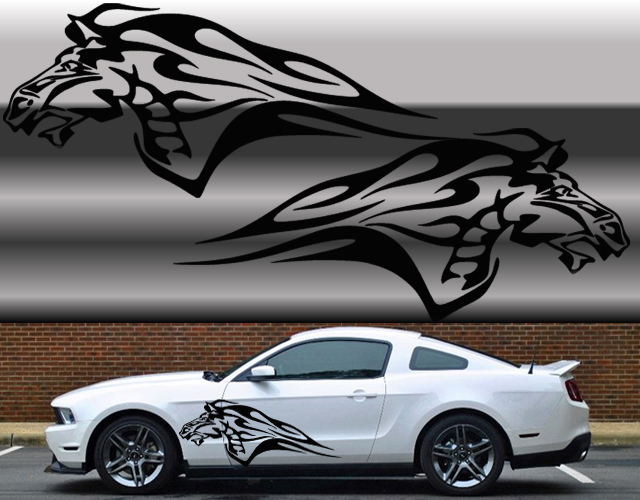 Universal Mustang flaming horse Truck or car decal set in Black 20″x48″