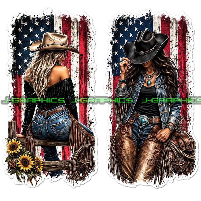 Cowgirl American Flag Patriotic Western Vinyl Decal Sticker 2 Pack D