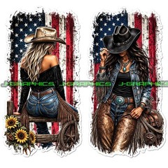 Cowgirl American Flag Patriotic Western Vinyl Decal Sticker 2 Pack D