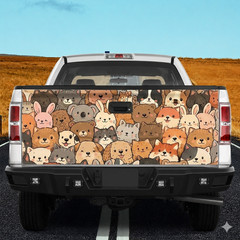 Cute Animals Tailgate Wrap, Kawaii Pet Friends Truck Tailgate Decal