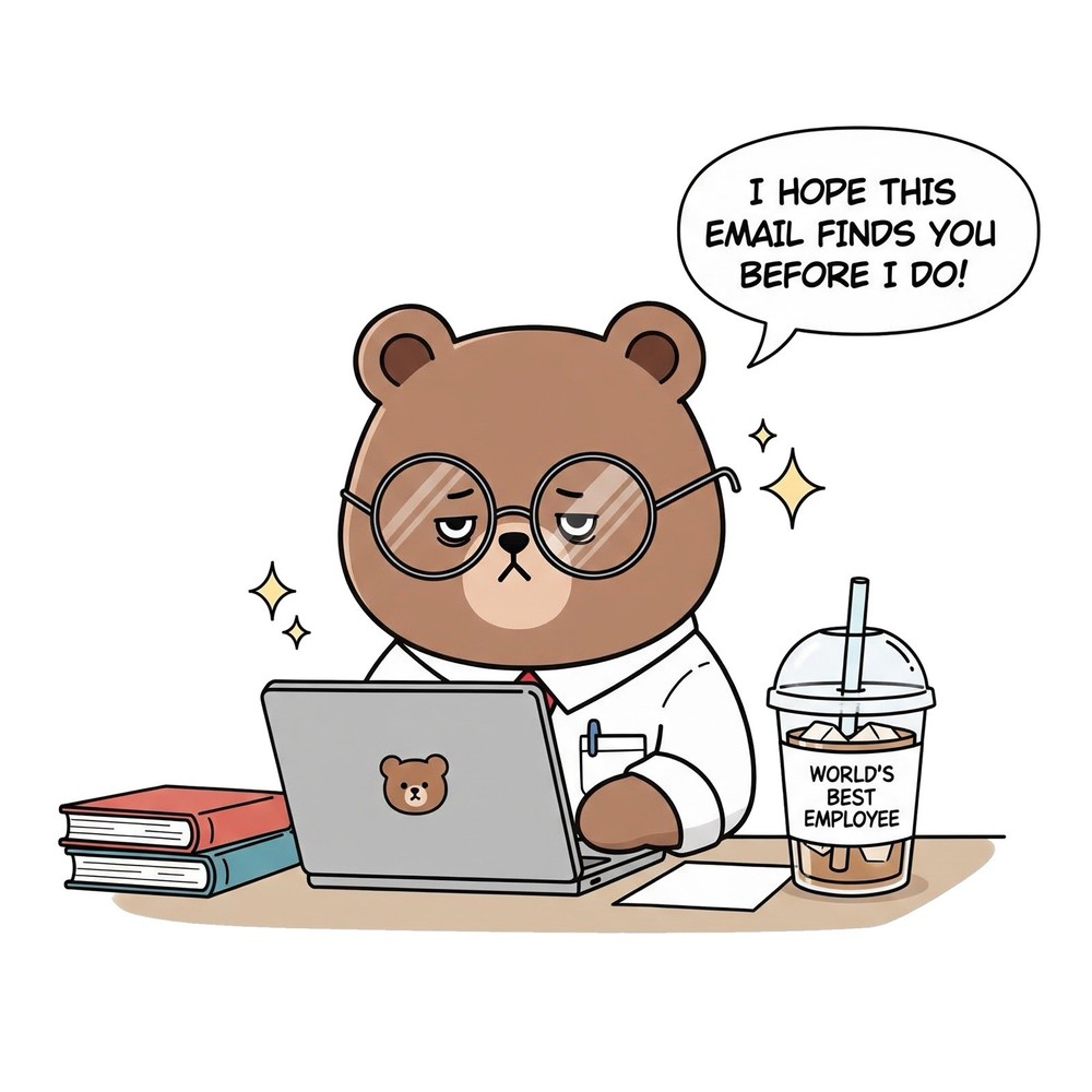 Funny Animal Quotes Sticker (2 Inch) Bear Working At A Desk Email Best Employee!