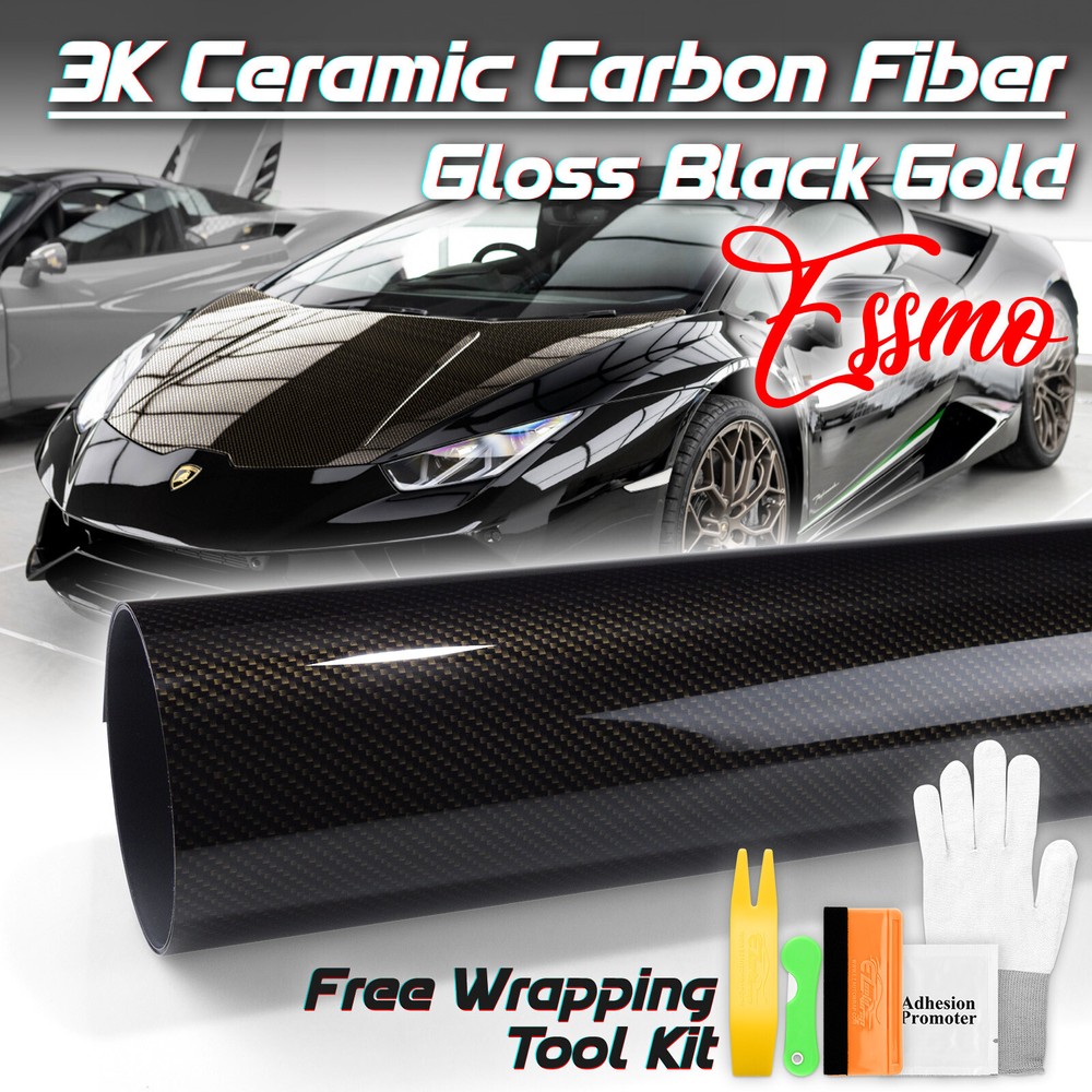 ESSMO PET 3K Ceramic Like Real Carbon Fiber Gloss Black Gold Vinyl Wrap Decal