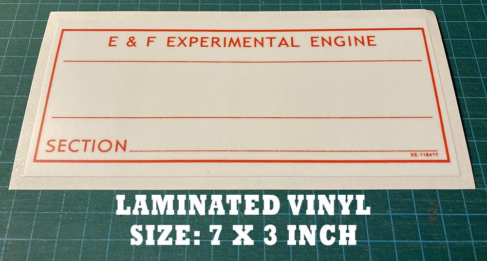 EXPERIMENTAL ENGINE VINYL DECAL STICKER FOR TRANS AM CARS -SCCA-BOSS-PERFORMANCE