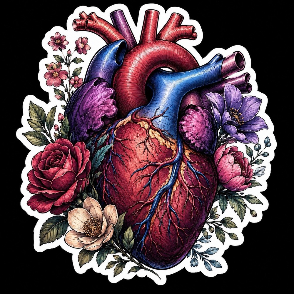 Anatomical Heart Sticker (2 Inch) Phone Decal Waterproof Floral Medical Cardiac