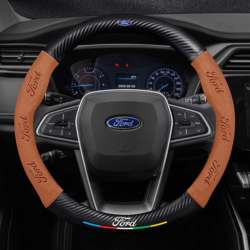15″/38cm Brown Suede Leather Carbon Fiber Car Steering Wheel Cover for Ford