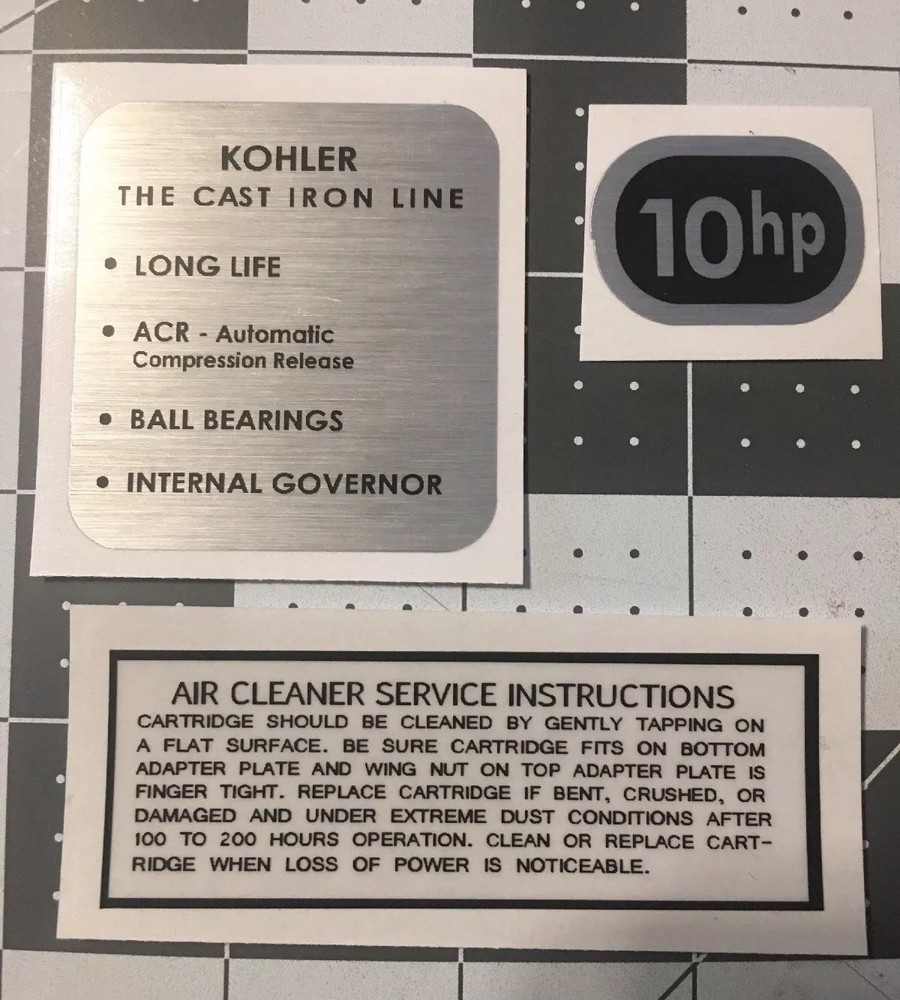 Kohler Engine early 10-hp Wheel Horse decals black and silver Set 3
