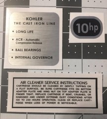 Kohler Engine early 10-hp Wheel Horse decals black and silver Set 3