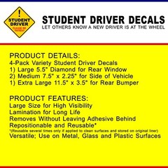STUDENT DRIVER 4-pack Laminated Removable High Quality Decals FREE SHIPPING