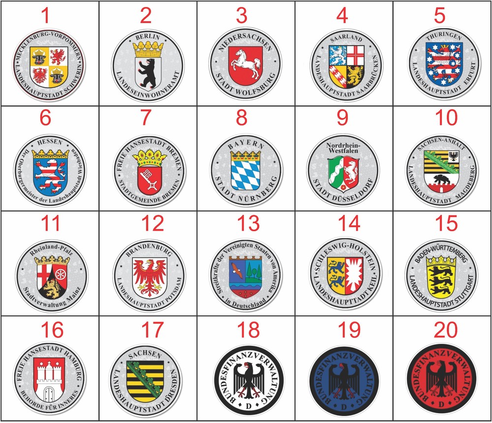 GERMAN LICENSE PLATE LAND SEAL STICKERS + TUV DECALS VINYL NUMBER CAR ALL LANDS