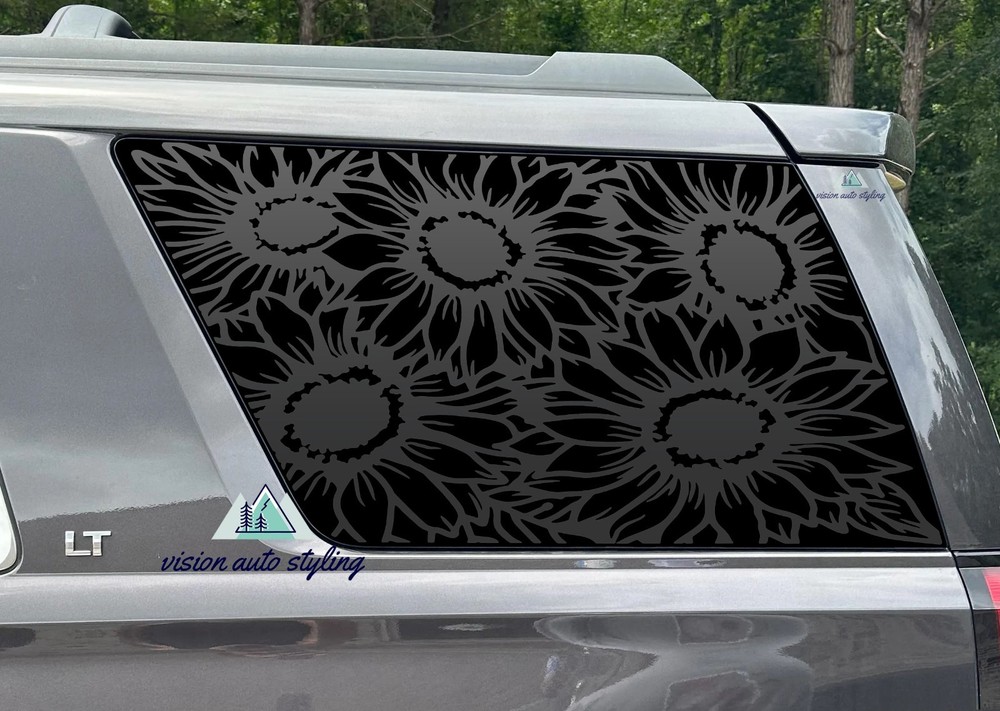 Fits 2015-2020 Chevy Tahoe Quarter Window Sunflowers Floral Decal Sticker Black