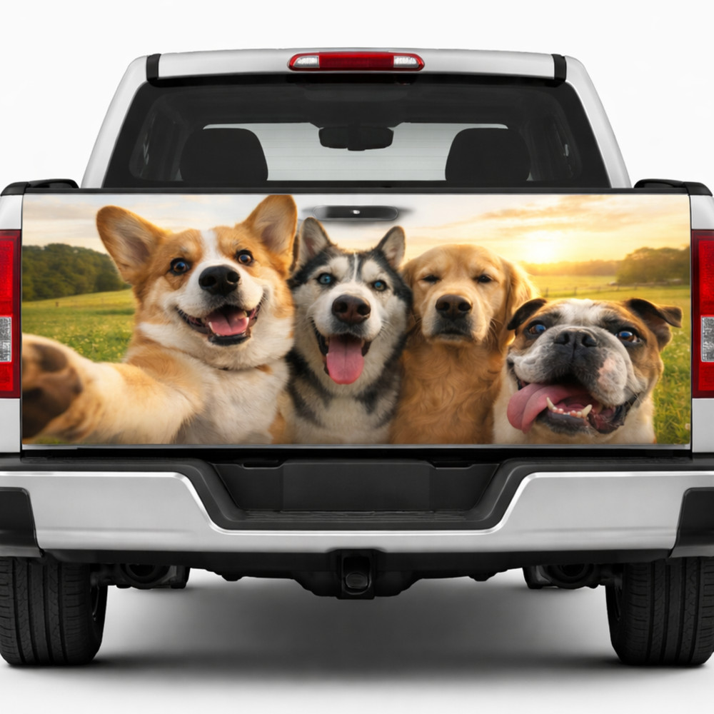 Funny Dogs Tailgate Wrap Truck, Dog Selfie Rear Window Vinyl Sticker Pickup