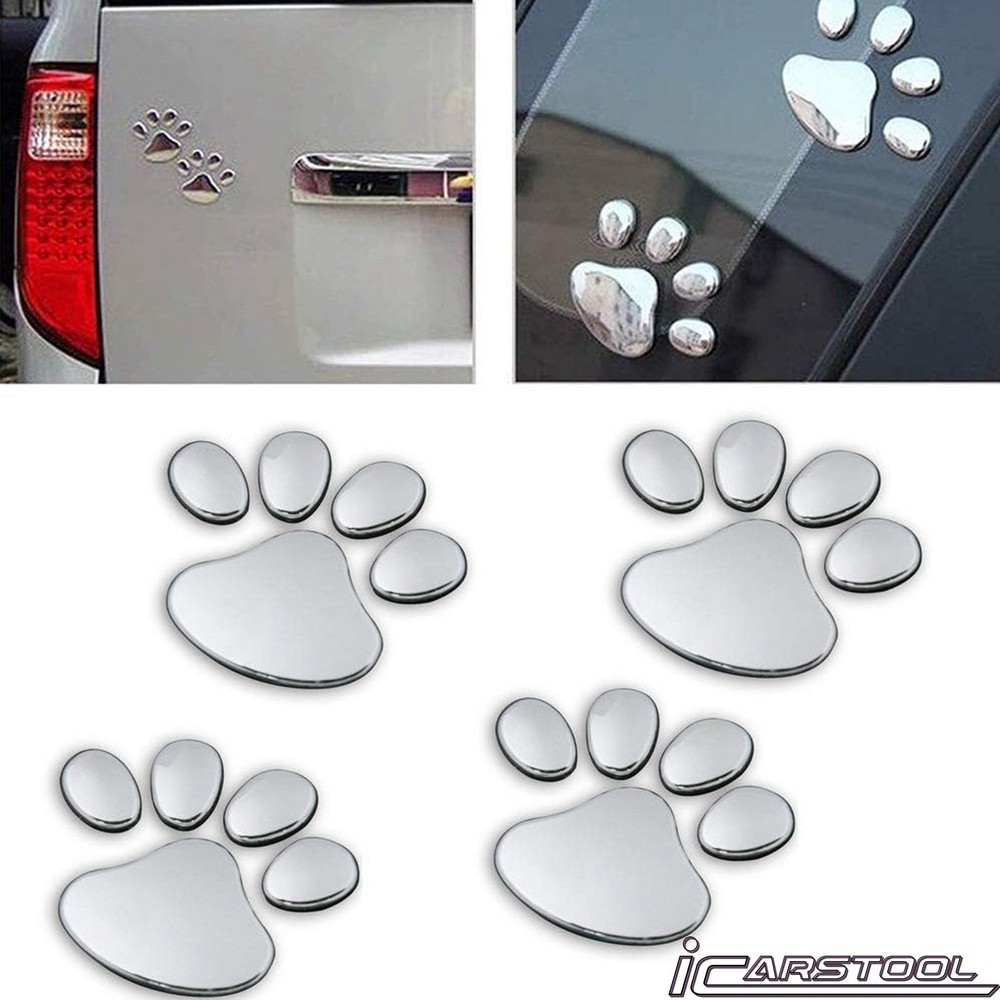 4 PCS 3D Sliver Dog Paw Car Decal Auto Bumper Window Laptops Decor Emblem Decal