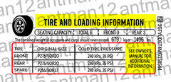 GM CHEVROLET FORD CHRYSLER TIRE LOADING INFORMATION VIN# Number DECAL Label 3M