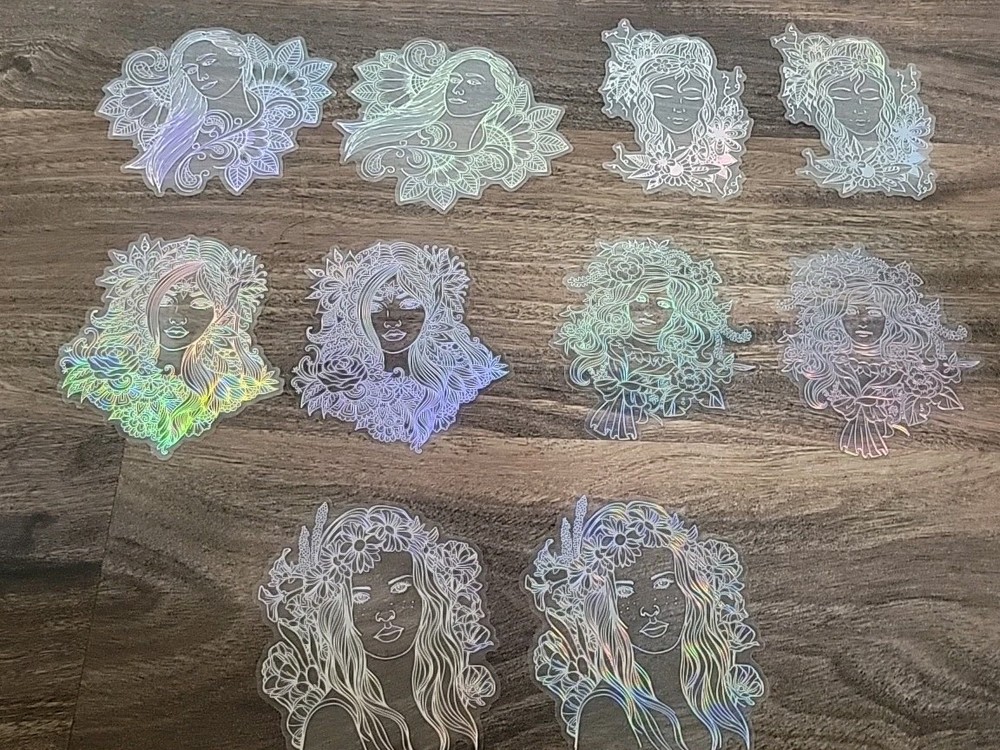 10 Decals Clear W/ Womans Face In Iridescent Silver, 5 Designs, 3.85″ Free Ship