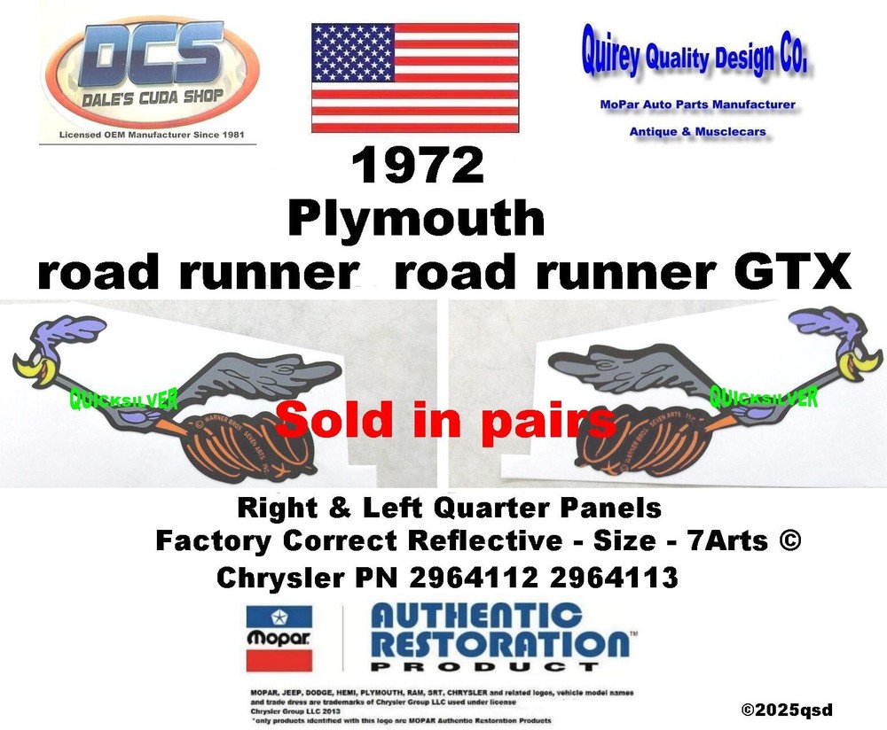 1972 Plymouth Road Runner GTX CORRECT Running Bird Decals 2964112 3 NEW MoPar US