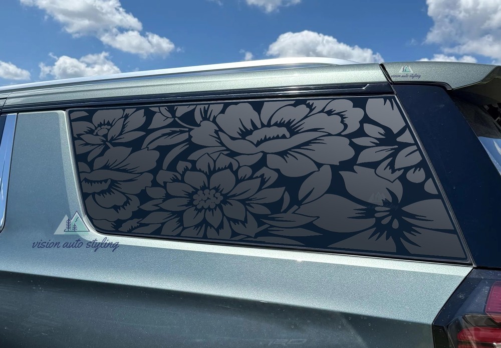 Fits 2021-2026 GMC Yukon XL Quarter Window Floral Flowers Decal Sticker Black