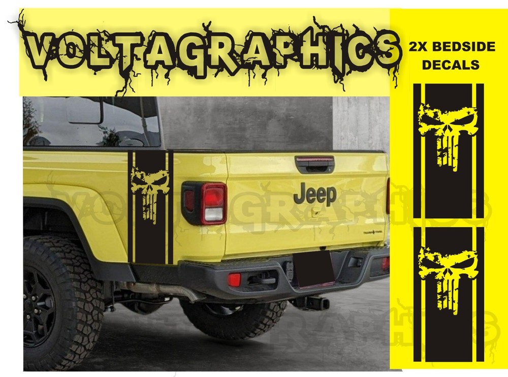 2x Vinyl Bedside decals for Jeep Gladiator 2019-2024 The Punisher Stripes skull