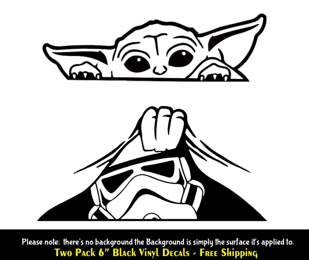 Baby Yoda & Stormtrooper Peeking Two 6″ Black Vinyl Decals Car Truck Bumper