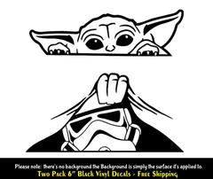 Baby Yoda & Stormtrooper Peeking Two 6″ Black Vinyl Decals Car Truck Bumper