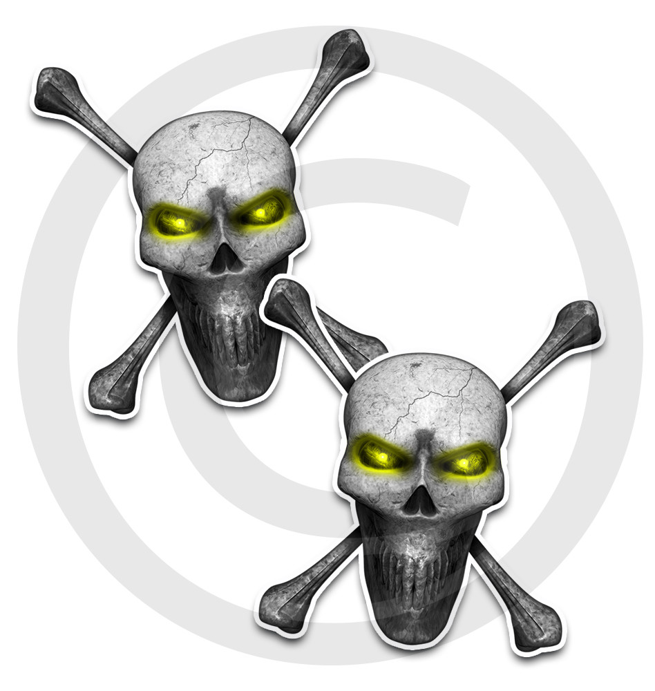 Skull Stickers Decals 2 pack YELLOW Eyes Front adhesive vinyl 4 sizes available