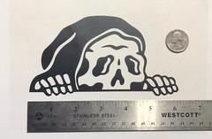 Grim Reaper Lurking BLACK vinyl decal weatherproof 3.3 x 6 inches. Made in USA
