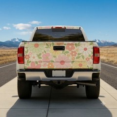Pink Boho Flower Tailgate Wrap Decal, Retro Floral Cute Pastel Tailgate Sticker