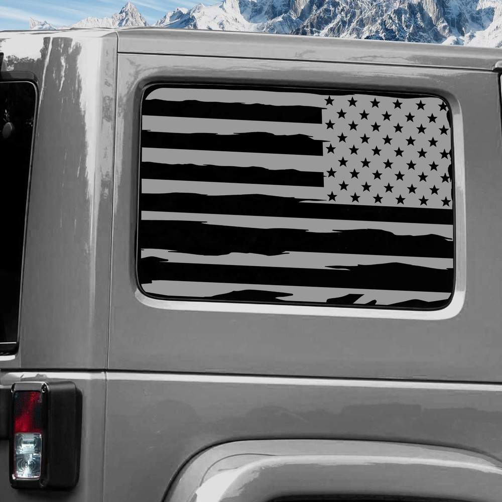 Rear Window Wrap Graphic Decal for Jeep Wrangler 2011-2020 USA FLAG TORN SILVER