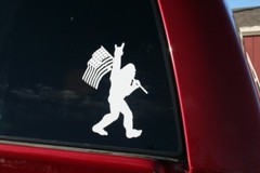 Bigfoot Holding American Flag die-cut window sticker, Buy 2 get 1 FREE offer!