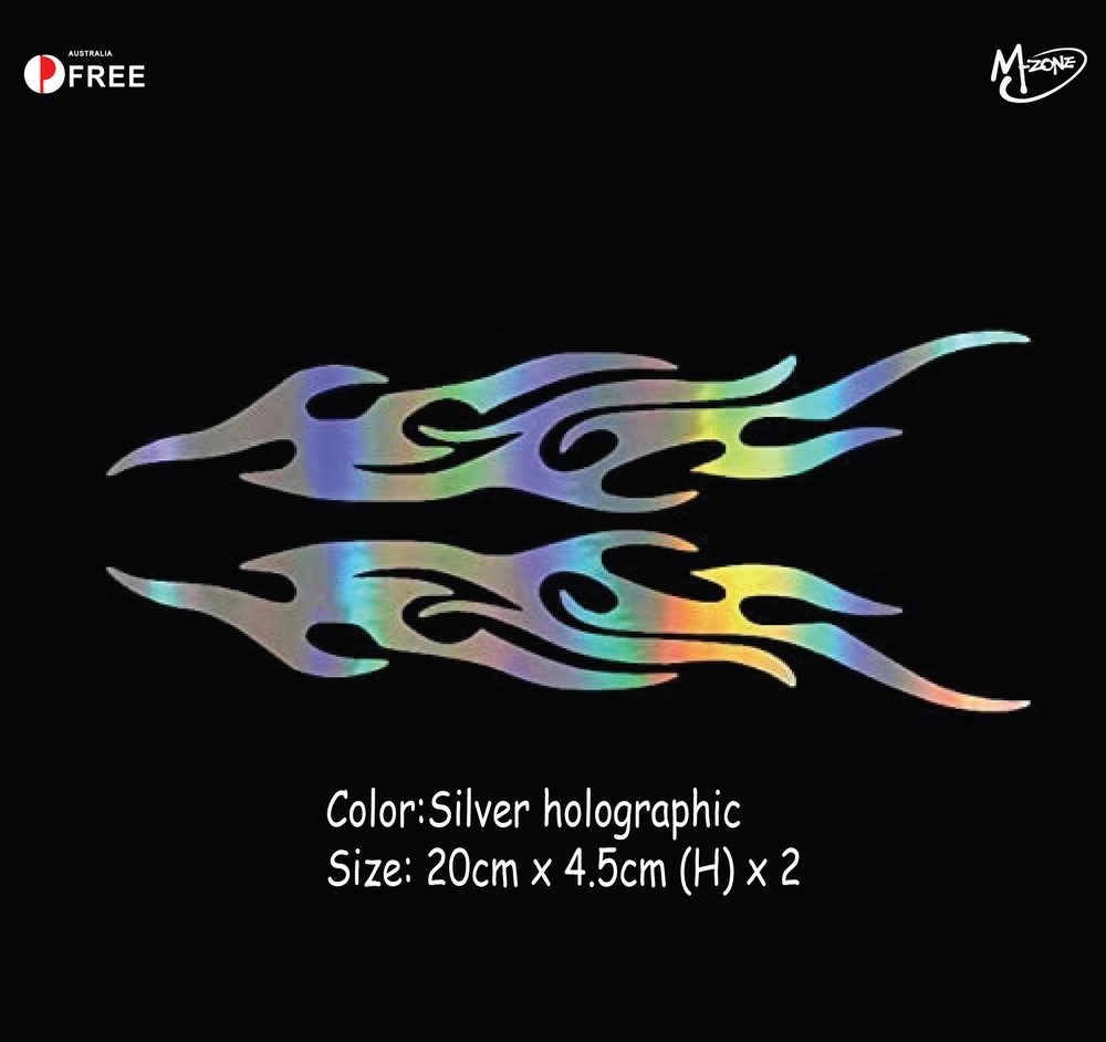 2X FIRE FLAME Stickers In Silver Gloss holographic Rainbow/Laser Effect Best Gif
