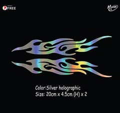 2X FIRE FLAME Stickers In Silver Gloss holographic Rainbow/Laser Effect Best Gif
