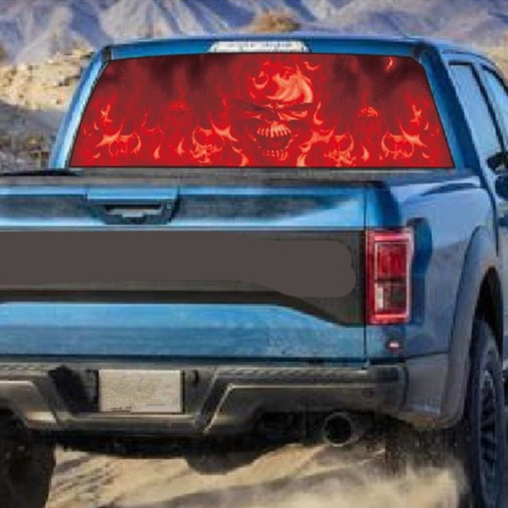 Rear Window Flame Skull Graphic Sticker Waterproof Fit For Ford F150 1999-2022
