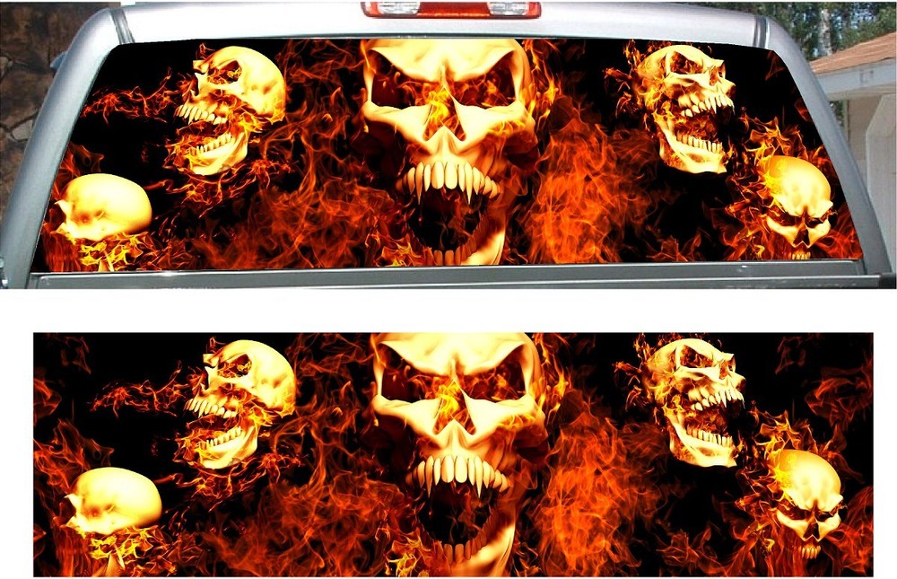 Screaming skull rear window view thru graphic decal wrap