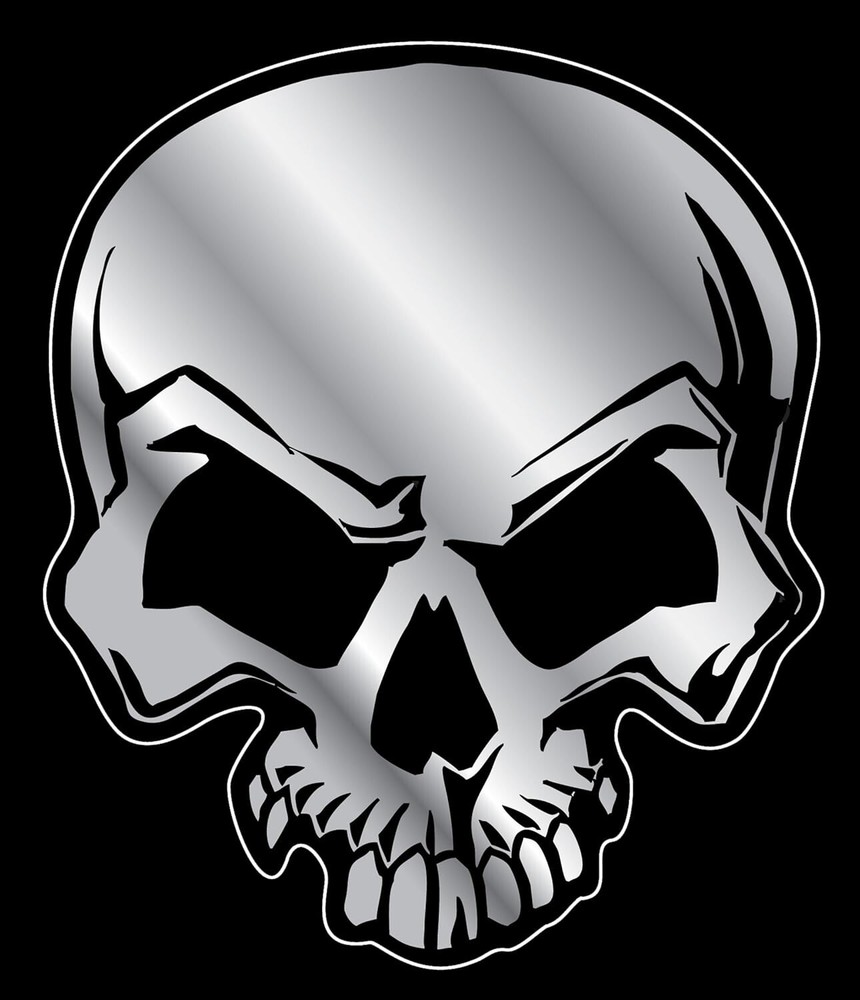 Chrome & Black Mean Skull Decal – 4.75″ wide x 5.5″ tall – Adhesive Install