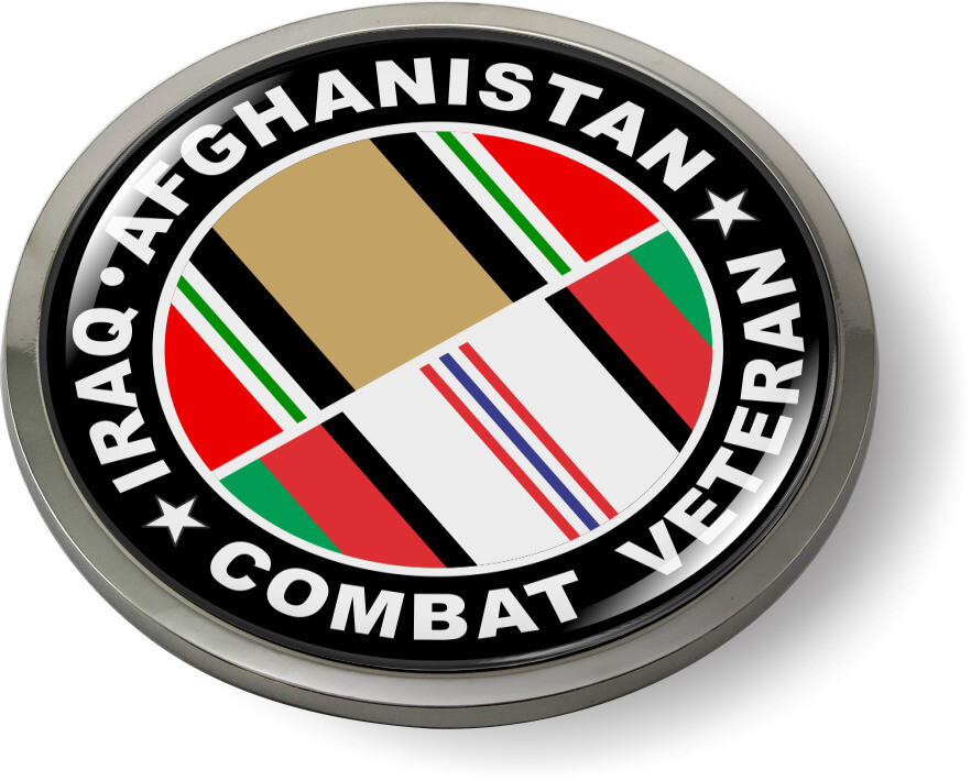 IRAQ – AFGHANISTAN COMBAT VETERAN 3D Domed Emblem Car Sticker Chrome ROUND Bezel