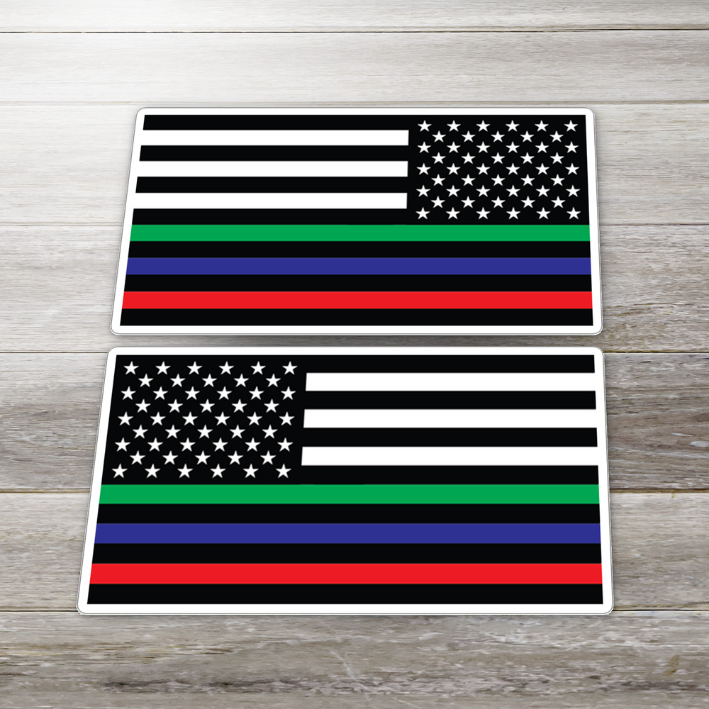 Multi Line American Flag Sticker Mirror Pair 2pc Vinyl Decal Red Blue Green