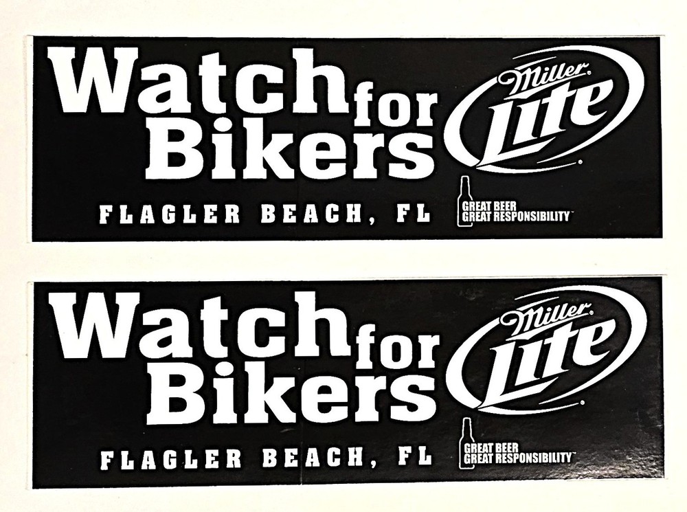 Miller Lite “Watch for Bikers” Flagler Beach, FL Window/Bumper Vinyl Sticker Lol