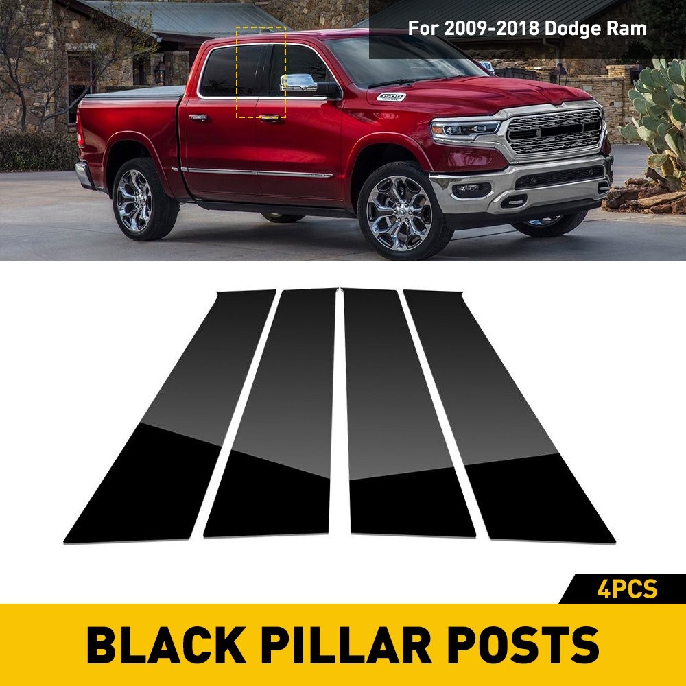 Door Piano Black Pillar Posts for Dodge Ram 09-18 Crew/Quad/Extended EXT Tr H