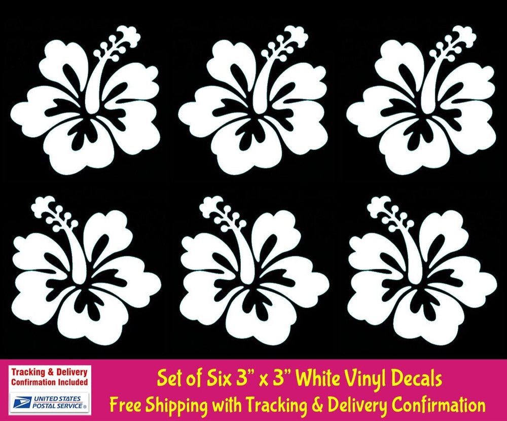 Hibiscus 6 Pack, Hawaiian Flower White 3″ Vinyl Decals Car Window Laptop Tumbler
